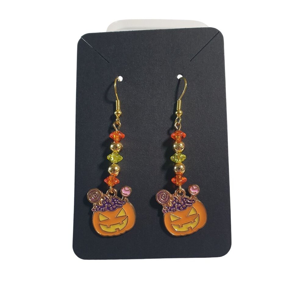 Jack O Lantern Halloween Drop Earrings Beaded Orange Purple Gold Accents Dangle